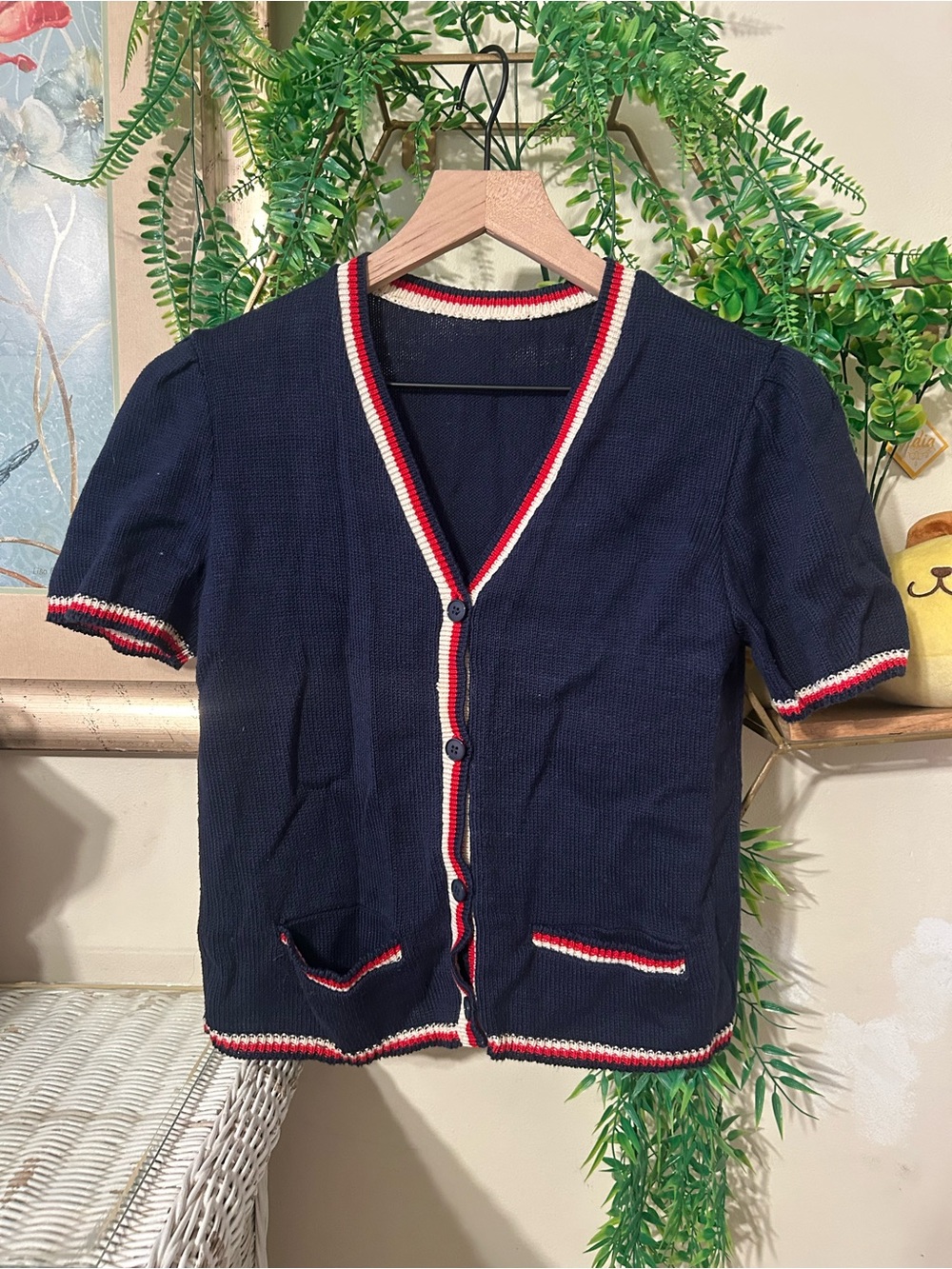 Vintage Navy Short-Sleeve Knit Cardigan with Red & White Trim